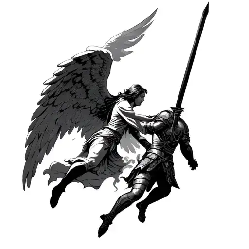 An Angel Falling From Heaven Who Fights A Warrior With A Sword In A Time Atmosphere