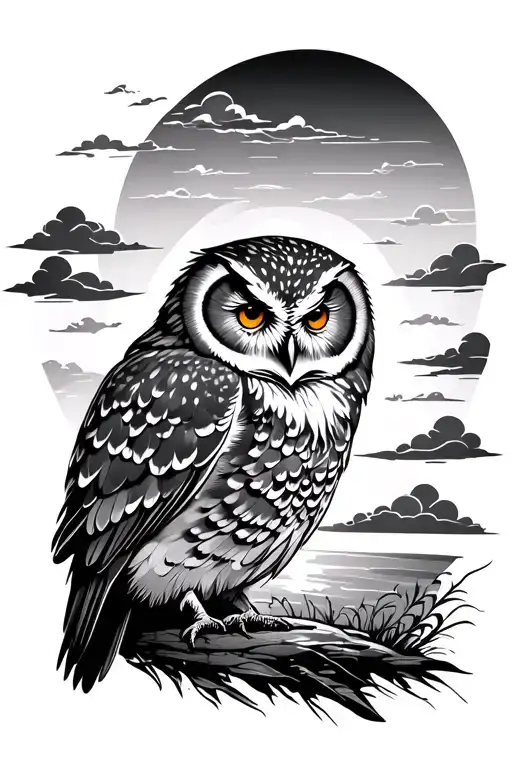 Sunset With Owl And Clouds