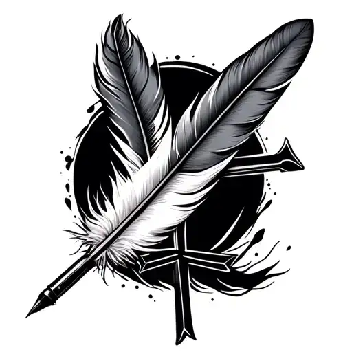 A Cross And A Feather With A Wave Around The Pen