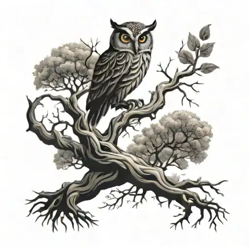 Tree Of Life With Roots And Owl