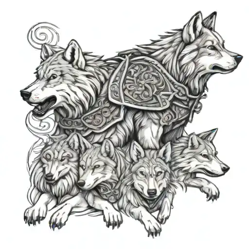 Wolf In Celtic Armor With 3 Pups