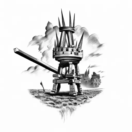 Medieval Battlefield With 2 Fighters And A Trebuchet In The Background Which Ist Attacking A Castle