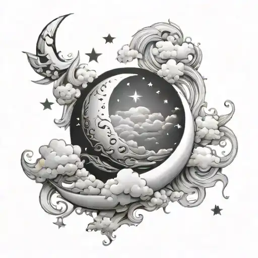 Crescent Moon With Cloud Details In The Background And Some Stars Around