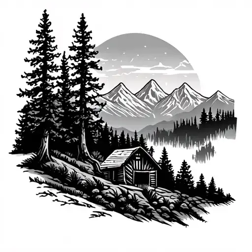 Western Tattoo With Trees And Mountains