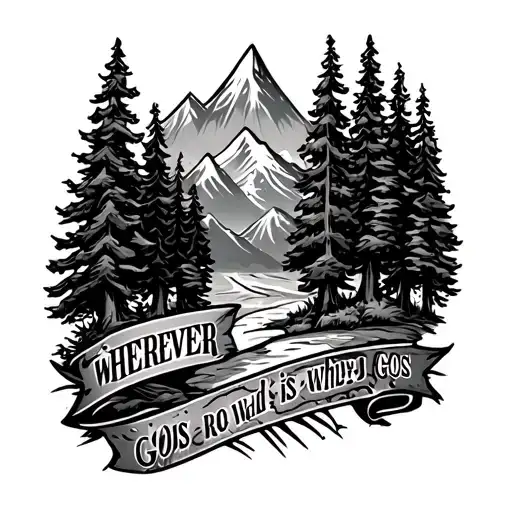 Western Tattoo With Trees And Mountains With The Words Wherever This Road Gos Is Where I Will Be