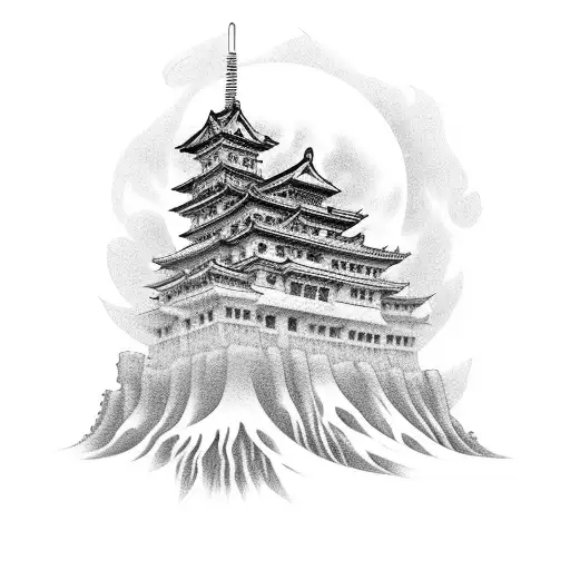 A Black And Grey Tattoo Of A Haunted Japanese Castle With An Octopus Lurking In The Shadows