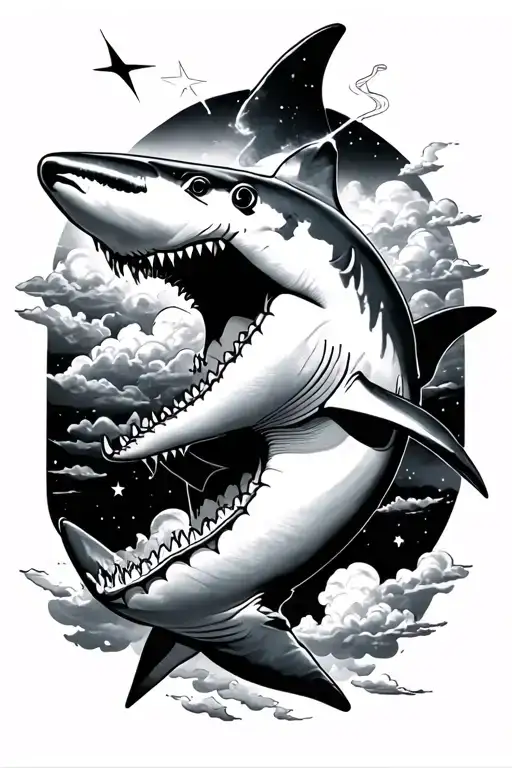 A Hammerhead Shark With A Shooting Star Through Clouds
