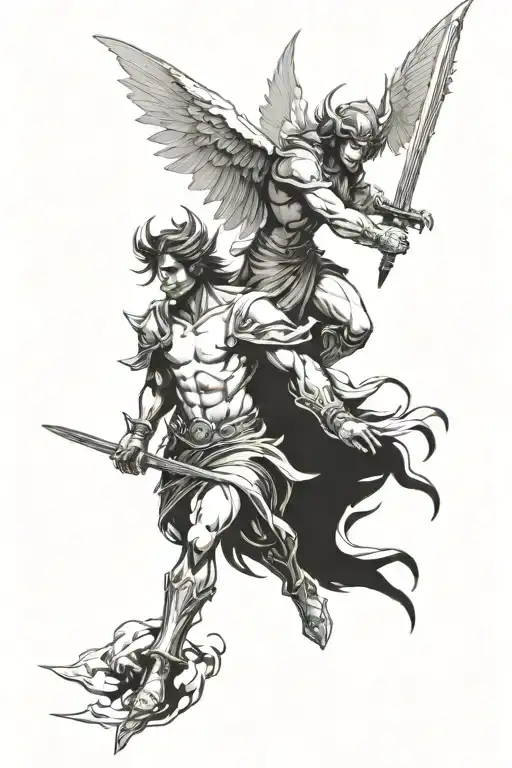 Simple Tattoo Of Angel And Demon Trying To Reach A Sword Before Each Other