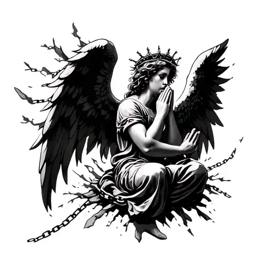 Angel Praying With A Crown Of Thorns Chains Wrapped Breaking And Bursting