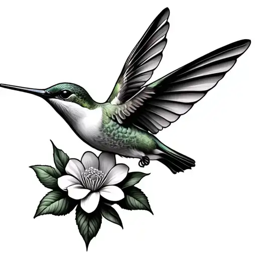 Hummingbird Hovering Near Flower