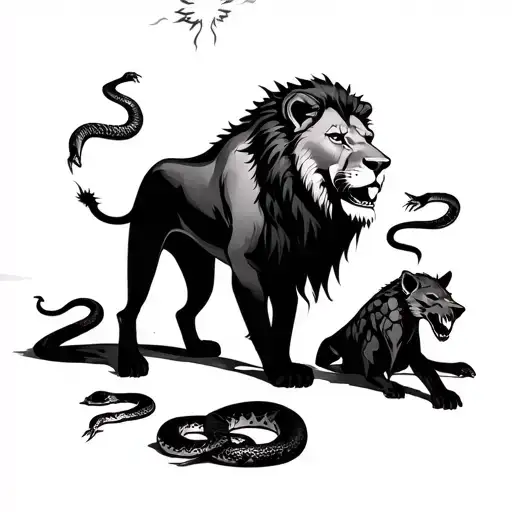 Wounded Lion Standing With Dead Snakes And Hyenas Around Him With A Glow Coming From The Sky