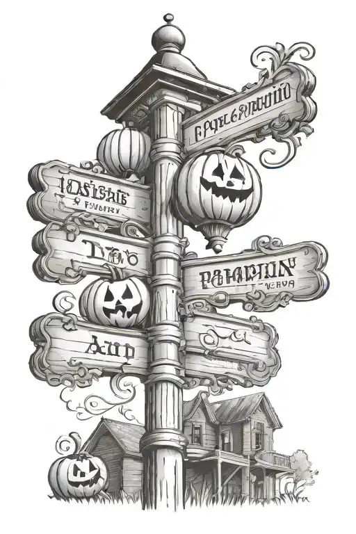 Directional Signs To Places On A Lamp Post With A Pumpkin At The Bottom