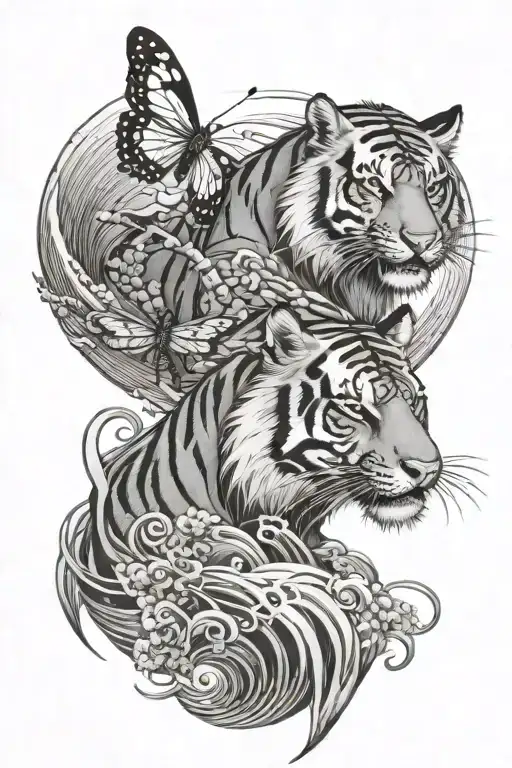 Tiger With Dragon Fly On Ocean Waves