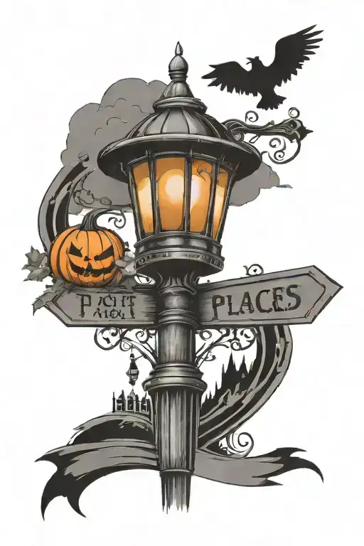 Lamp Post With Directional Signs To Places Pumpkin On The Ground