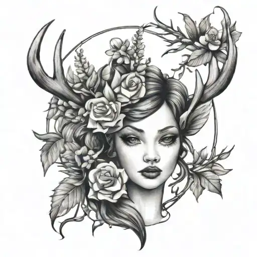 A Girl With Deer Antlers And A Wreath Of Flowers