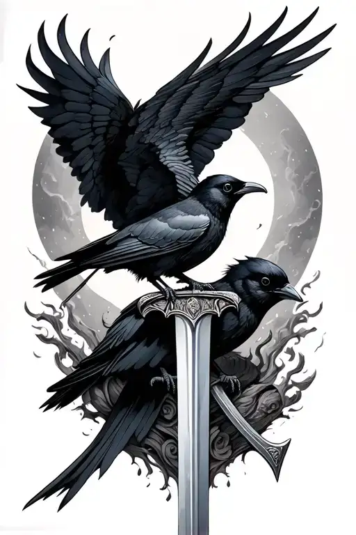Huginn Flying & Muninn Perched Atop A Sword