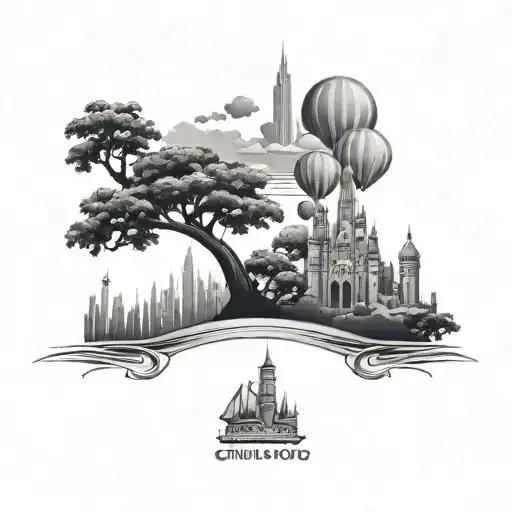 A Tattoo Design Of A Family Vacation To Disneyworld With Iconic Chicago Landmarks In The Background