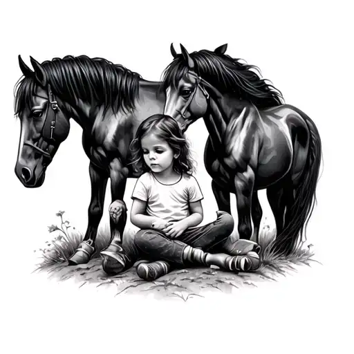 Patchwork Tattoo Of A Little Girl Sitting And Playing At A Dark Mare Horses Feet