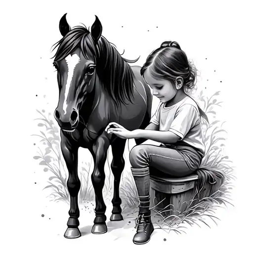 Patchwork Tattoo Of A Little Girl Sitting And Playing At A Dark Mare Horse Feet