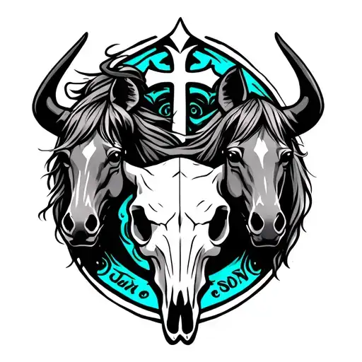 Bull Skull With 2 Horses And A Cross With Turquoise