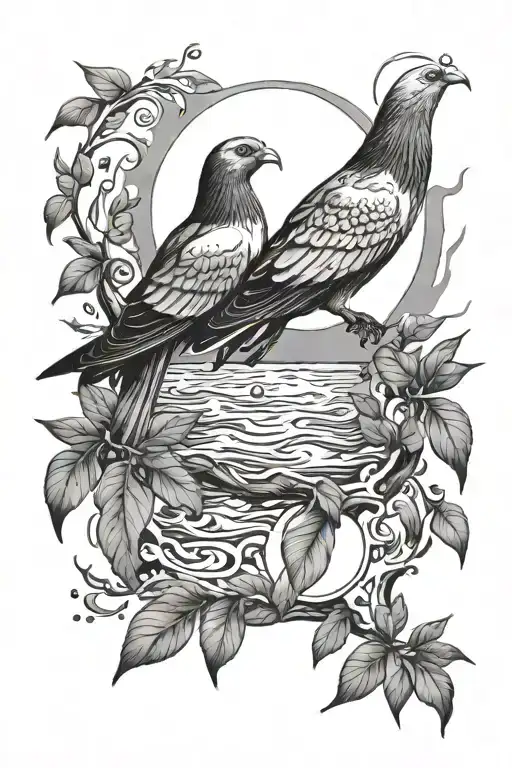 Pigeons And Water With Moon Rising