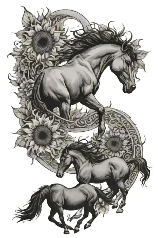 Crescent Moon Two Horses Sunflowers