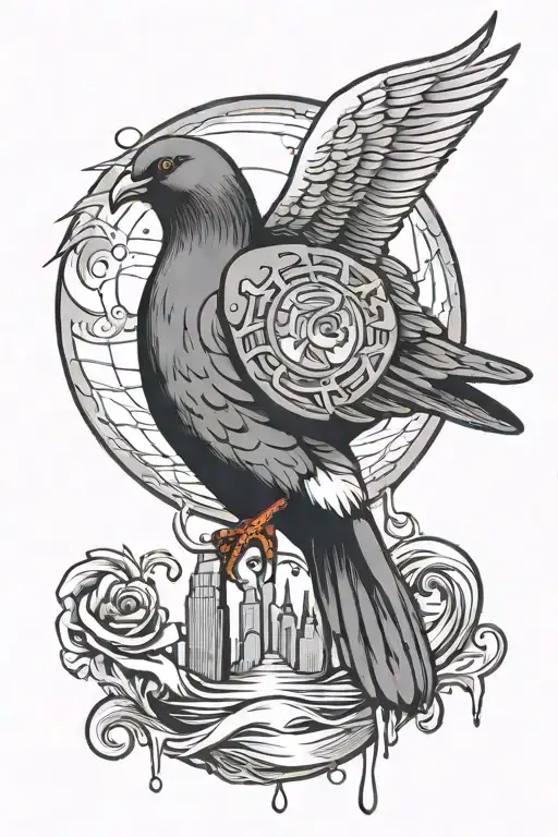 New York Pigeon And Water With Moon Intertwined