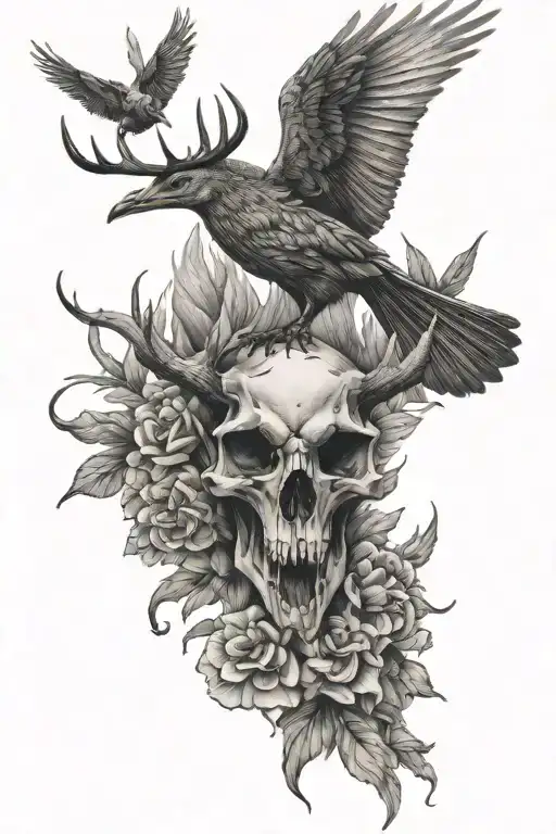 Deer Skull And A Bird Flying