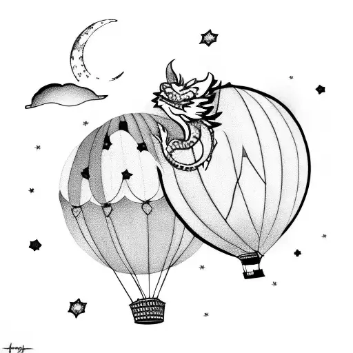 Dragon Sleeping On A Hot Air Balloon With Moon And Stars