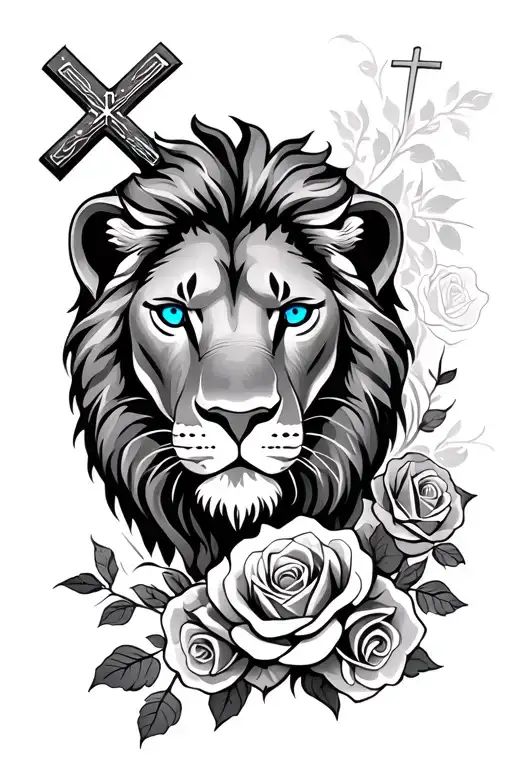 Lion With Blue Eyes And Roses With Holy Cross