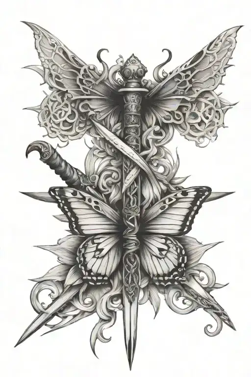 Butterfly And Sword Intertwined Representing Hope And Strength