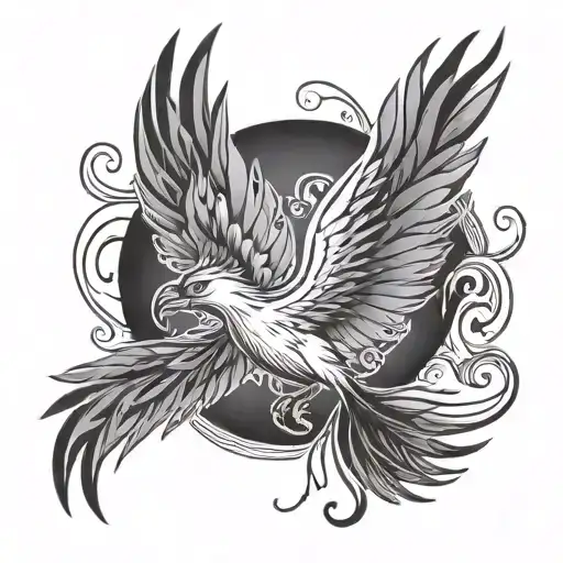 A Simple Outline Of A Phoenix With Fiery Wings Spread Wide