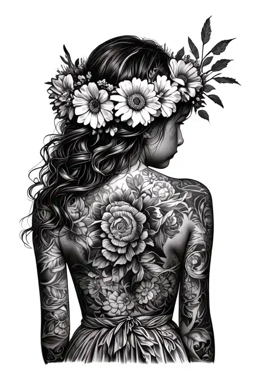 The Back Of Girl Wearing A Flower Crown With Safety Razors In It