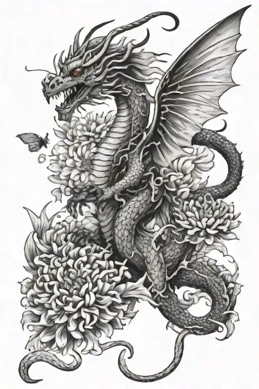 Dragon And Butterfly And Chrysanthemum Flower