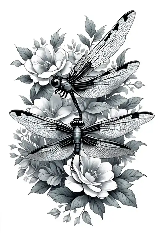 Dragon Fly And Flowers Intertwined