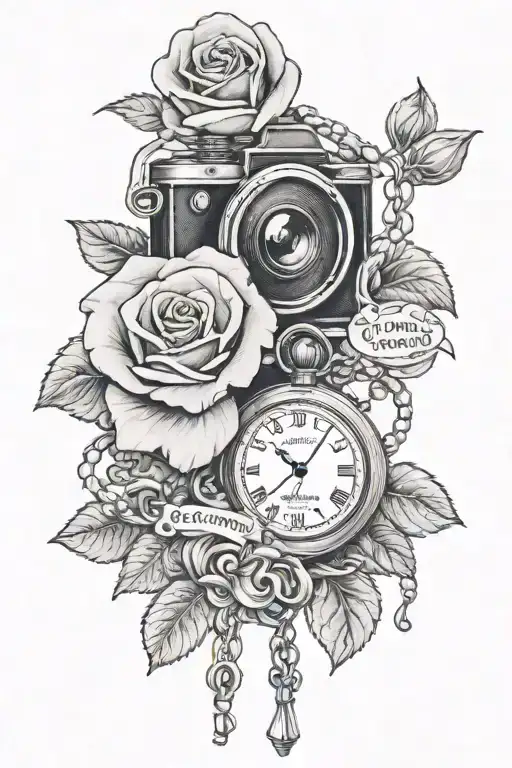 Camera Photographs A Rose A Pocket Watch And A Rosary