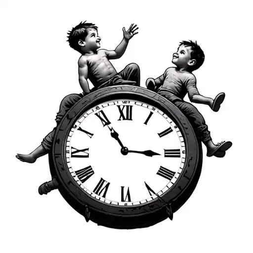 2 Little Boys Sitting On A Clock Flying Trough Time