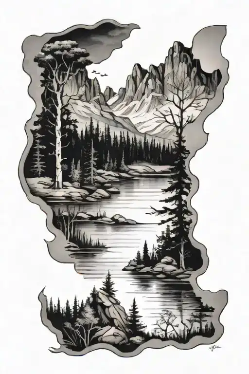 Lake With Trees And Mountain