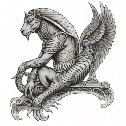 Full Egyptian Leg With Plume And Alphabet And Anubis