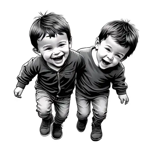 2 Little Boys Laughing Walking Next To Each Other Toward A White Shining Light