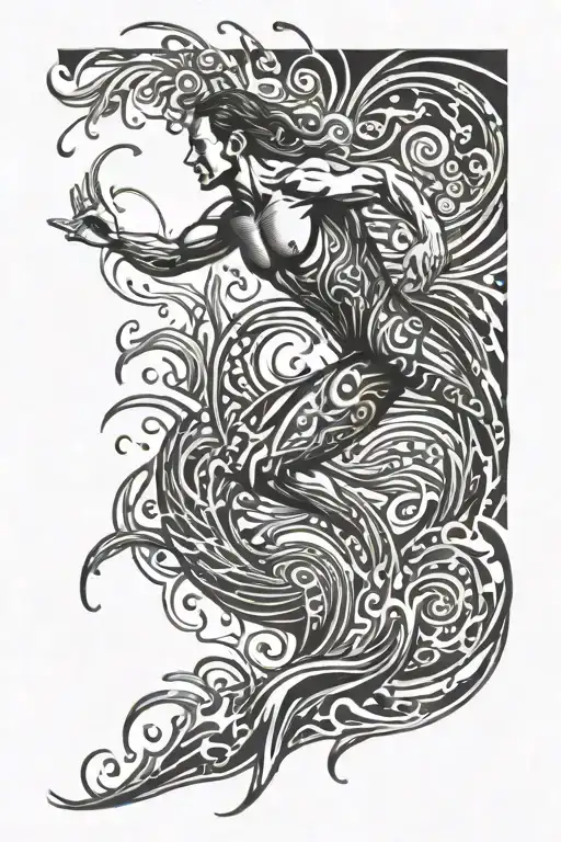 An Intricate Design Of Ocean Tides Flowing Around A Swimmer In A Stylized Black-grey Style