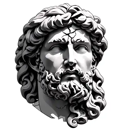 A Broken Greek Staute Face With Greek Elements