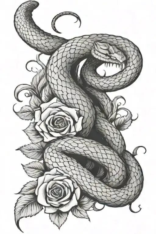 A Venomous Snake Wrapped Around A Swoard Going Down A Spine Surrounded By Roses