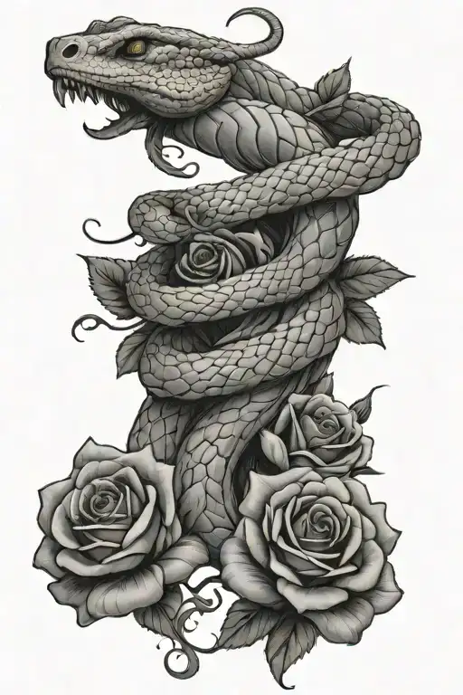 A Long Venomous Snake Wrapped Around A Swoard Surrounded By Roses
