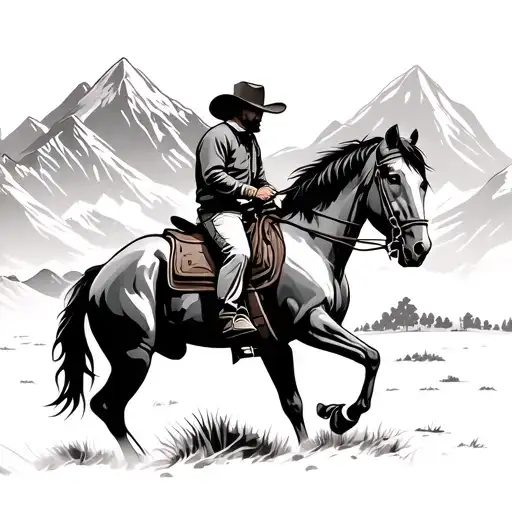 Cowboy Riding Horse With Mountains In The Background
