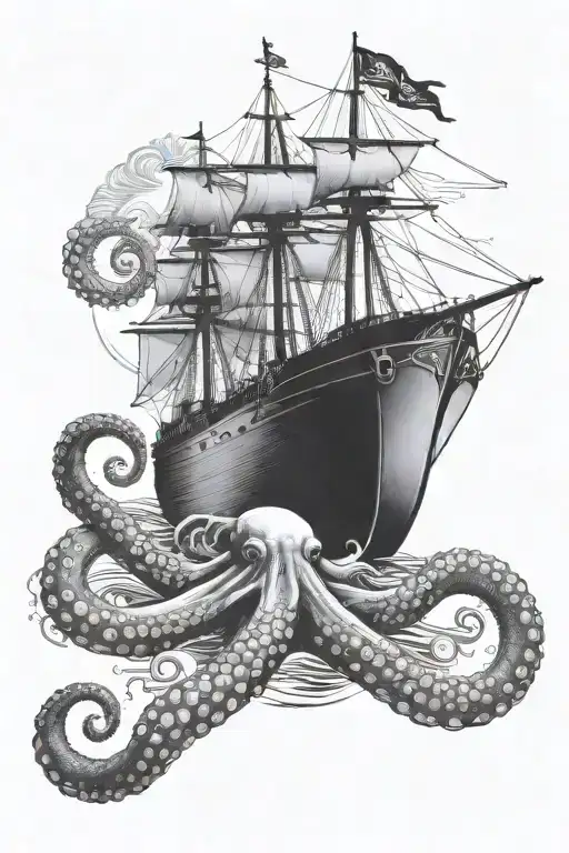 Ship At Sea With Octopus Breaking Apart