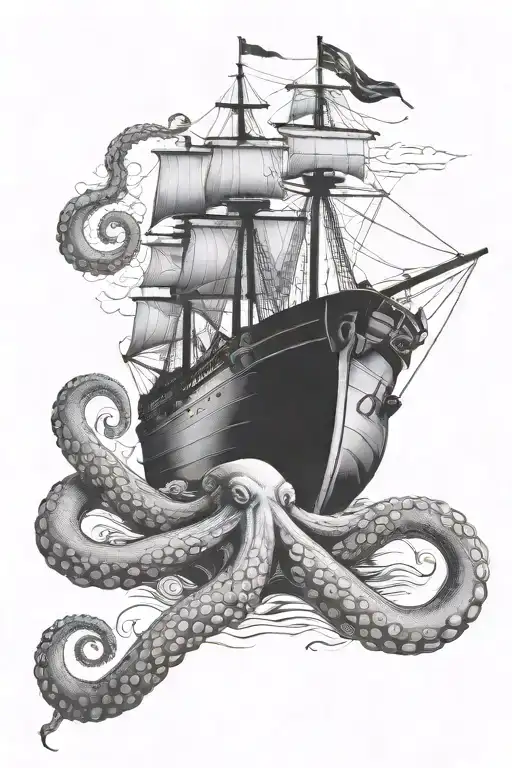 Ship At Sea With Octopus Breaking The Ship