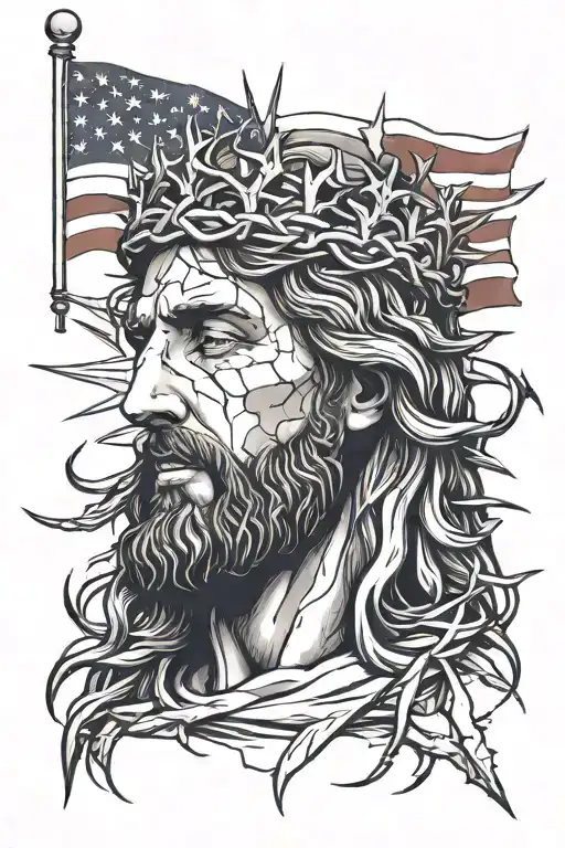 Jesus Wearing The Crown Of Thorns With The American Flag Somwhere