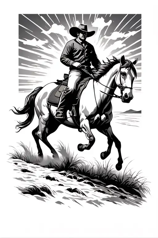 Cowboy Riding Horse Into Sunset