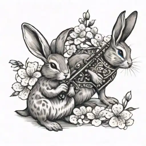 Two Rabbits In Love Under Cherry Blossoms And A Flute With Chinese-style Ornaments On The Floor